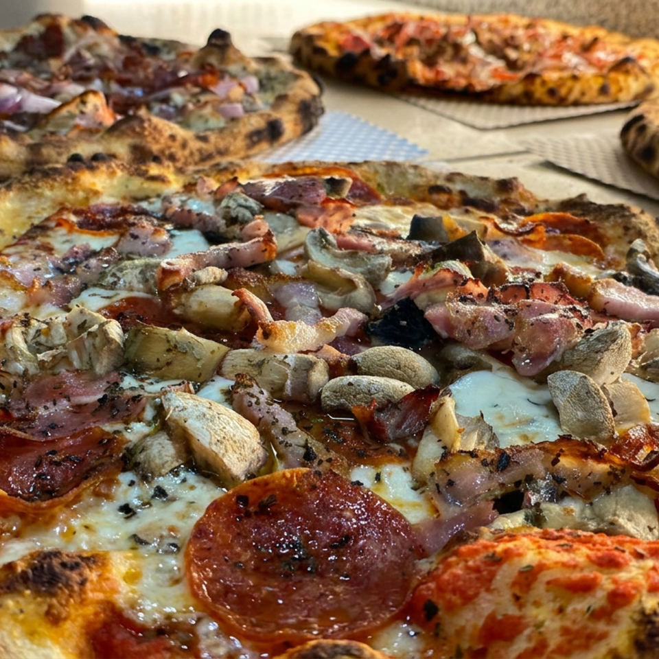 Close-up of several wood-fired pizzas topped with pepperoni, mushrooms, ham, onions, and melted cheese on a counter.