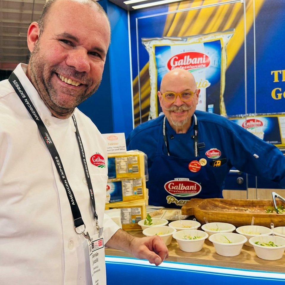 Two Galbani Professional representatives pose at a trade-show booth displaying cheese products and prepared samples.