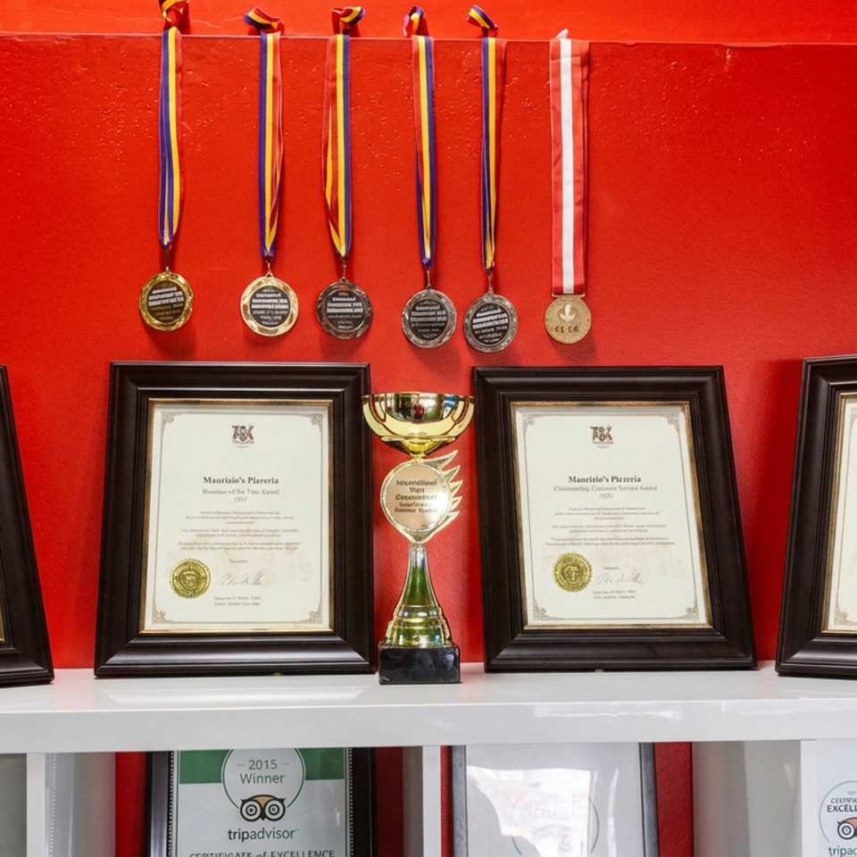 Restaurant awards display featuring four framed certificates, medals, and a central trophy against a bright red wall.
