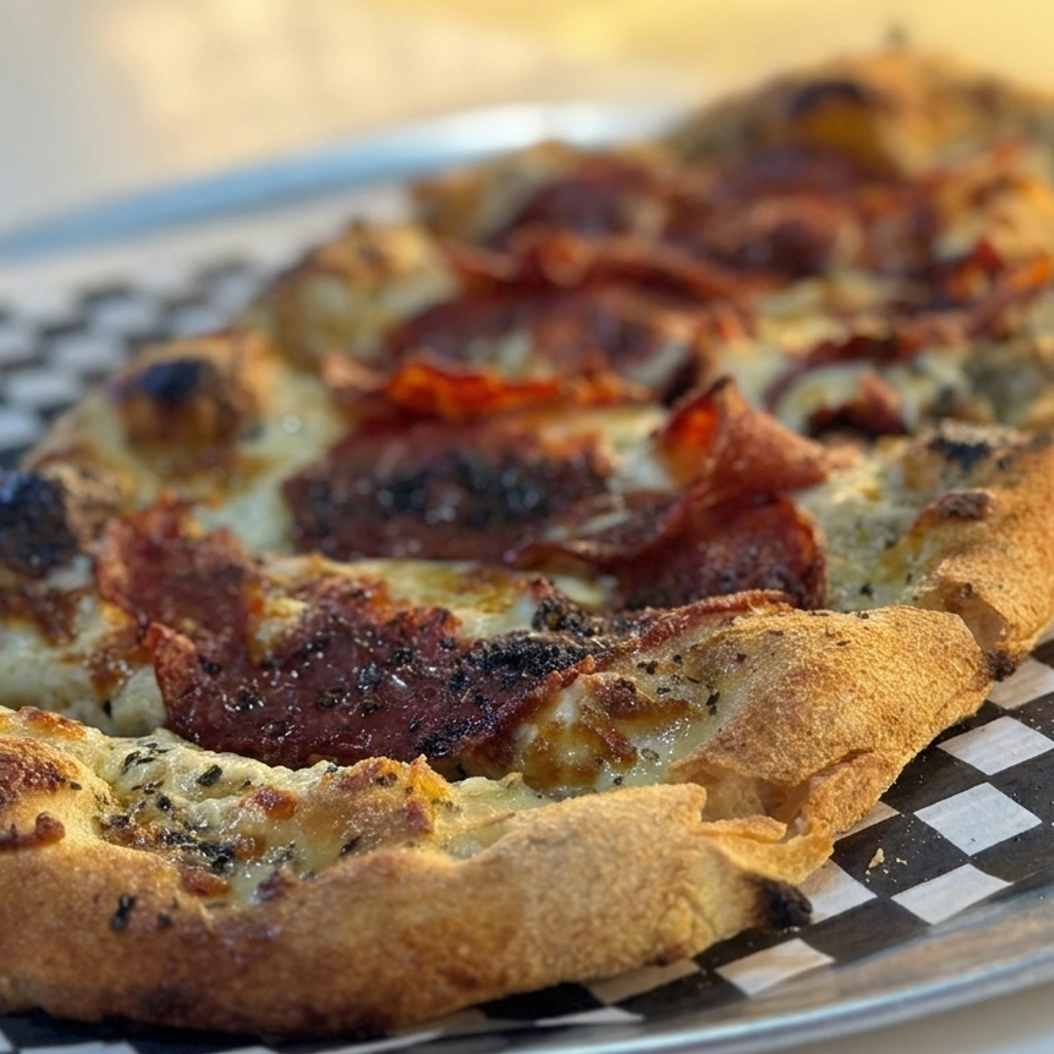 Close-up of a thick-crust pepperoni pizza with melted cheese, charred edges, and herbs on a checkered metal tray.
