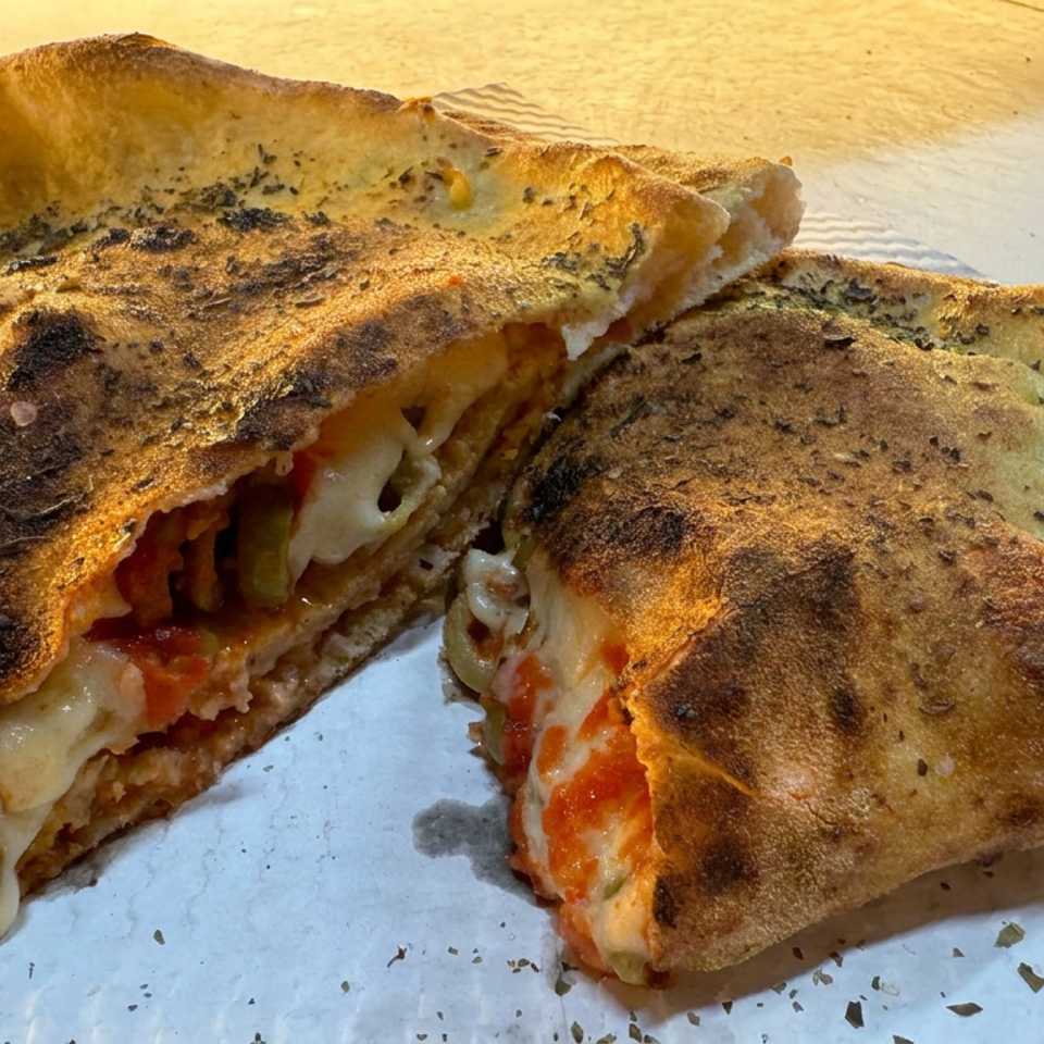 Sliced, charred folded pizza reveals melted cheese, tomato sauce, and vegetables on a foil-lined surface.